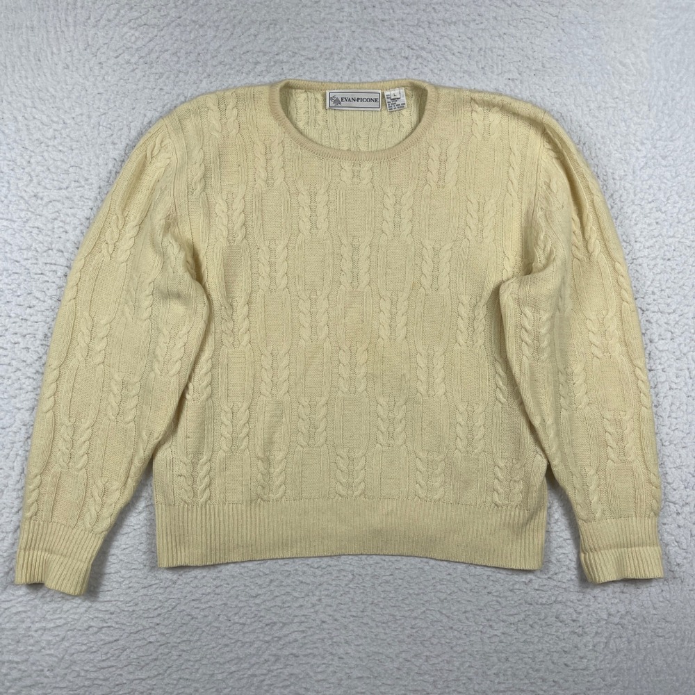 Evan-Picone Cable Knit Sweater Womens Large Cream Yellow Lambswool‎ Angora Blend